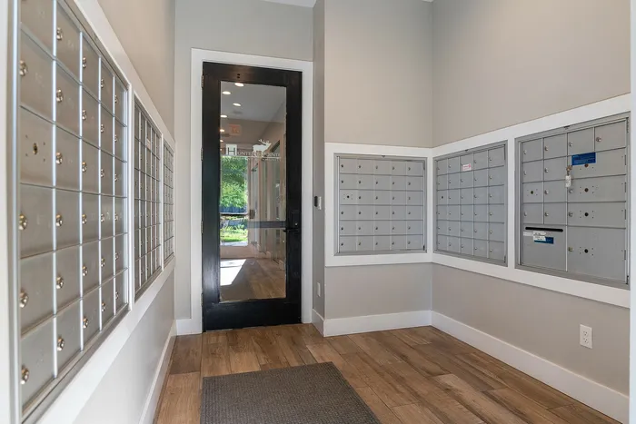 Modern apartment mailroom featuring sleek mailboxes and a stylish black door with a view of green outdoor space.