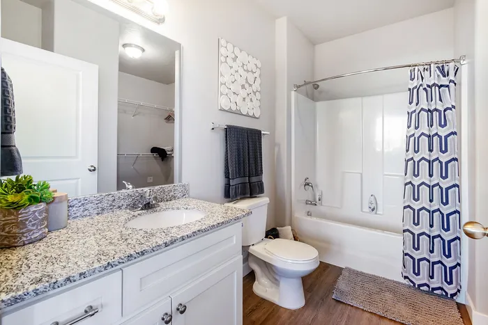 Elegant bathroom with granite countertop, stylish decor, and modern shower in a spacious apartment.