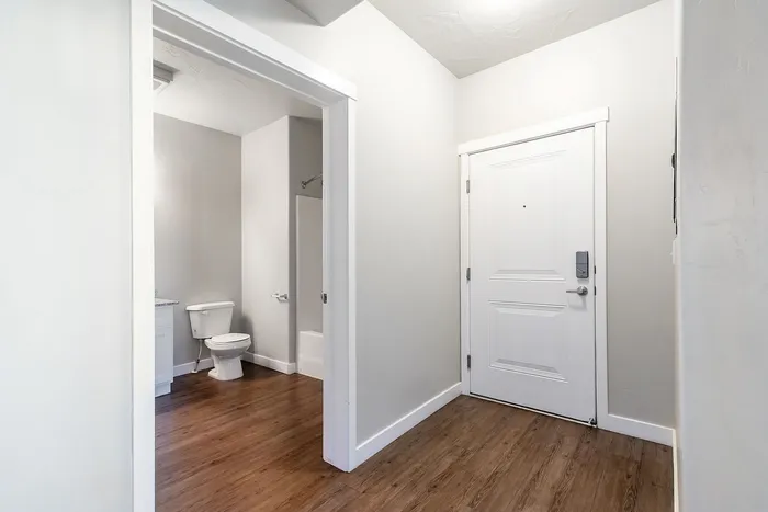 Inviting entryway with stylish wooden floors leading to a modern bathroom, showcasing sleek design and functionality.