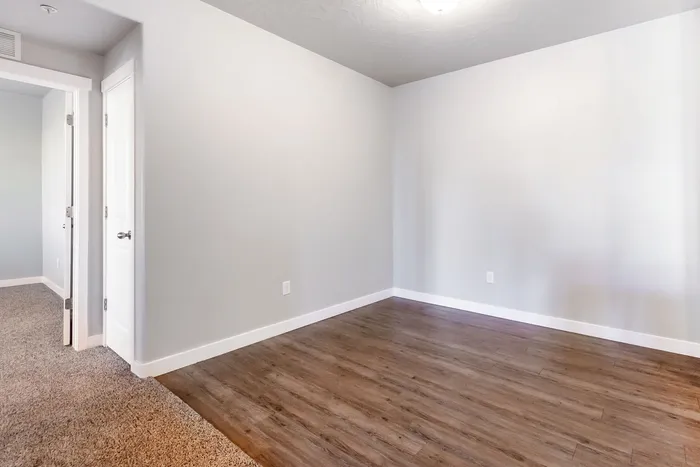 Inviting apartment interior featuring elegant hardwood flooring and plush carpet transition, highlighted by soft natural light.