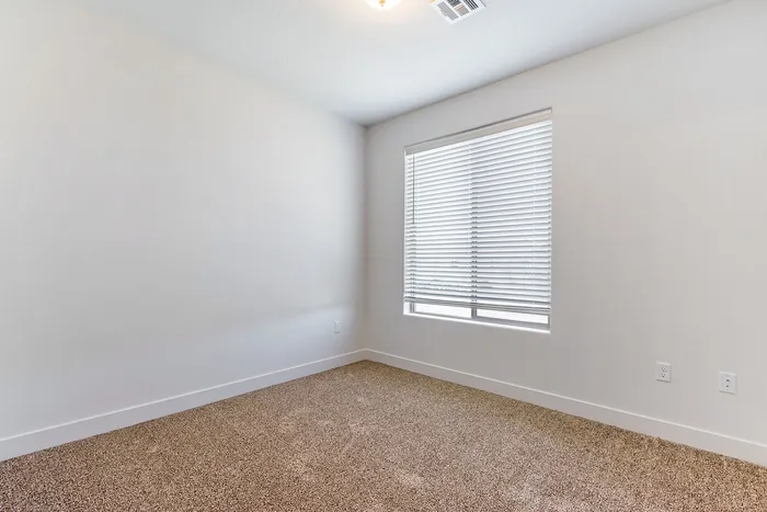 Bright, cozy room featuring soft carpet flooring and a large window with elegant blinds, perfect for a peaceful retreat.