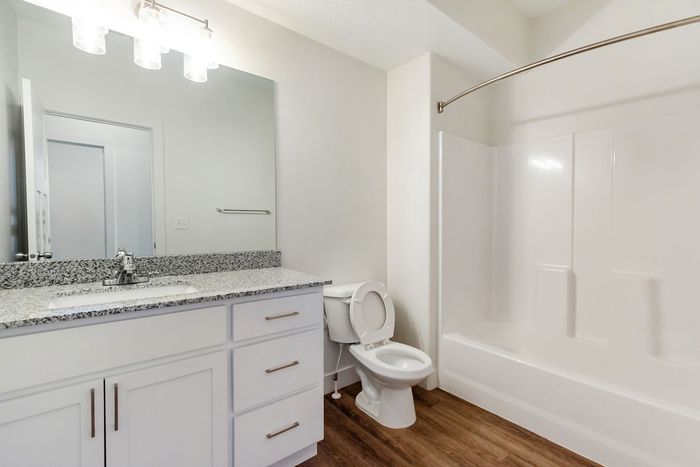 Elegant bathroom with granite countertop, modern sink, and spacious shower, complementing the sleek white cabinetry and warm wood flooring.