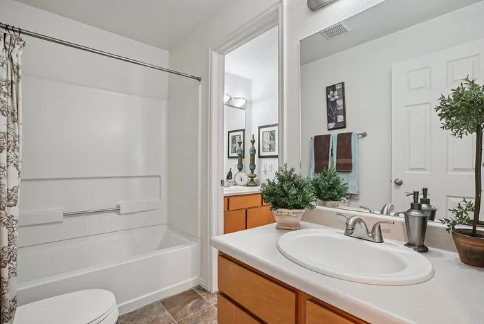 Inviting bathroom with modern fixtures, elegant decor, and a fresh ambiance, featuring a spacious vanity and relaxing bathtub.