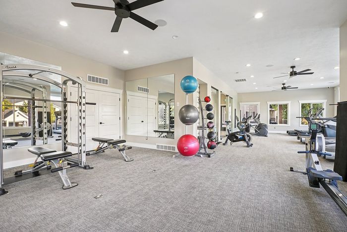 Modern fitness center with state-of-the-art equipment, including weight machines, exercise bikes, and vibrant yoga balls, set in a spacious, bright room with large mirrors.