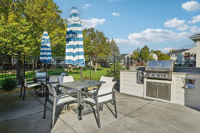 Charming outdoor patio with seating and barbecue area, surrounded by lush greenery and bright blue skies.