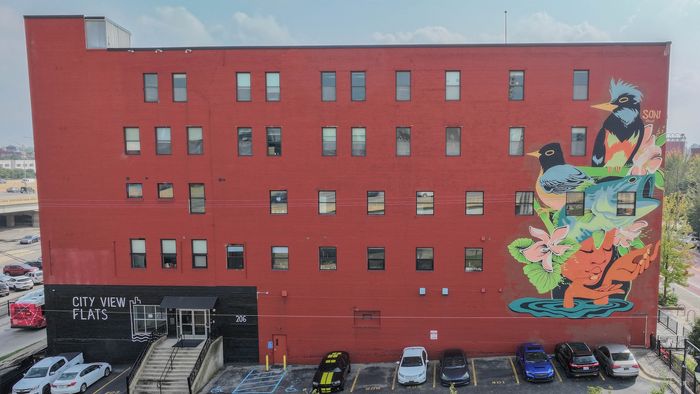 Vibrant urban apartment building with a striking mural, offering a dynamic city living experience at City View Flats.
