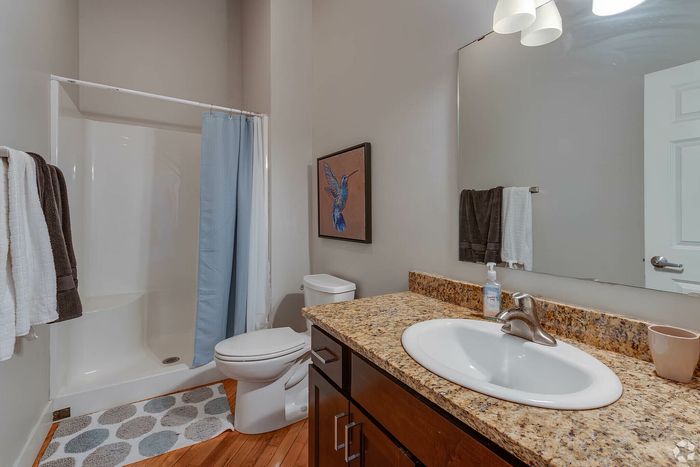 Modern bathroom with elegant granite countertops, stylish artwork, and a refreshing blue shower curtain for a serene ambiance.