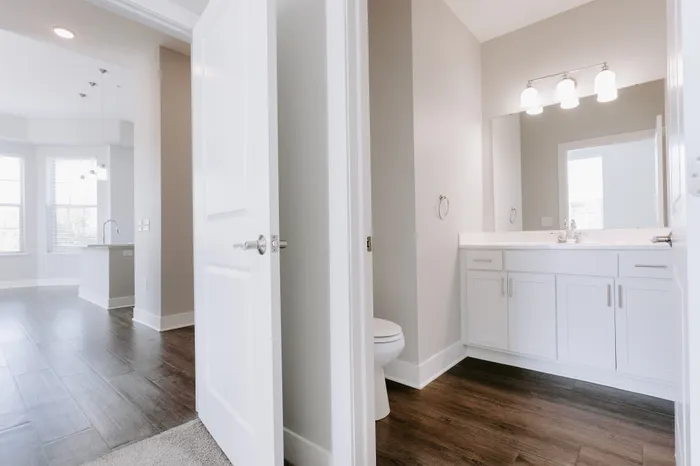 Bright apartment interior featuring a sleek bathroom with modern fixtures and a spacious living area with large windows.