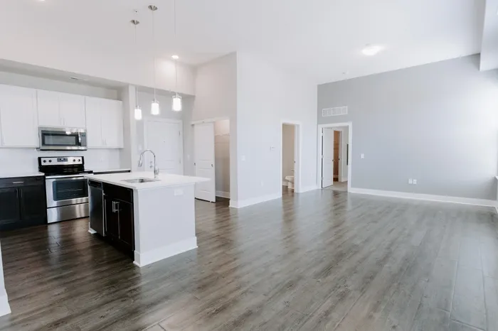 Elegant open-plan kitchen with contemporary lighting and streamlined cabinetry leading to a bright, expansive living area.