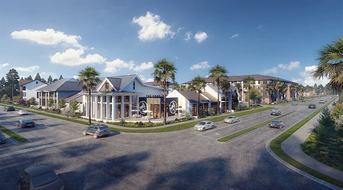 Lively modern apartment complex with palm-lined streets and inviting community spaces, set against a clear blue sky.