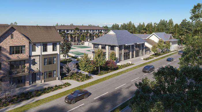Modern apartment complex with stylish architecture, lush landscaping, and adjacent sports courts along a peaceful tree-lined street.