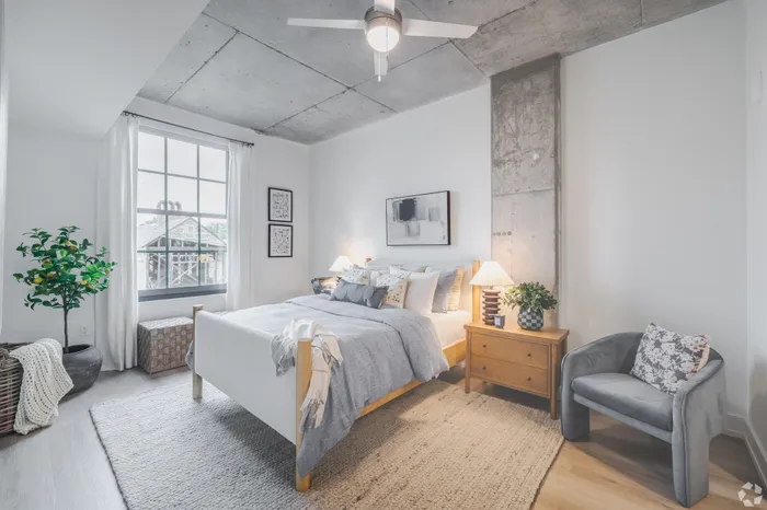 Modern bedroom with cozy ambiance, featuring a stylish bed with soft bedding, wooden nightstands, and a lush plant by a large window.