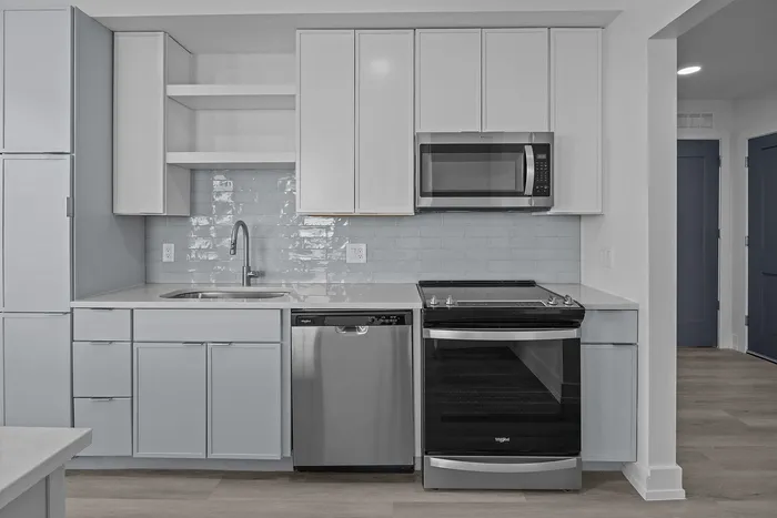 Modern kitchen with sleek cabinetry, stainless steel appliances, and elegant tile backsplash.