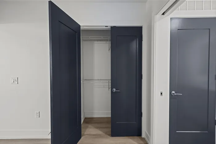 Chic apartment showcasing a sleek, modern closet with stylish navy double doors and pristine white interior walls.
