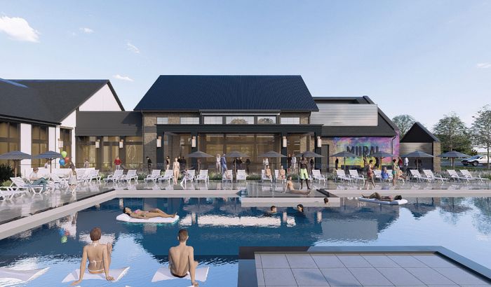 Vibrant community poolside scene with modern architecture backdrop, featuring lounging chairs, colorful umbrellas, and people enjoying a sunny day by the pool.