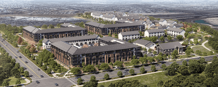 Aerial view of a modern apartment complex with lush greenery, spacious walkways, and convenient road access in a serene neighborhood.