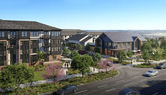 Modern apartment complex with lush landscaping, featuring contemporary architecture and vibrant communal spaces, set against a scenic backdrop.