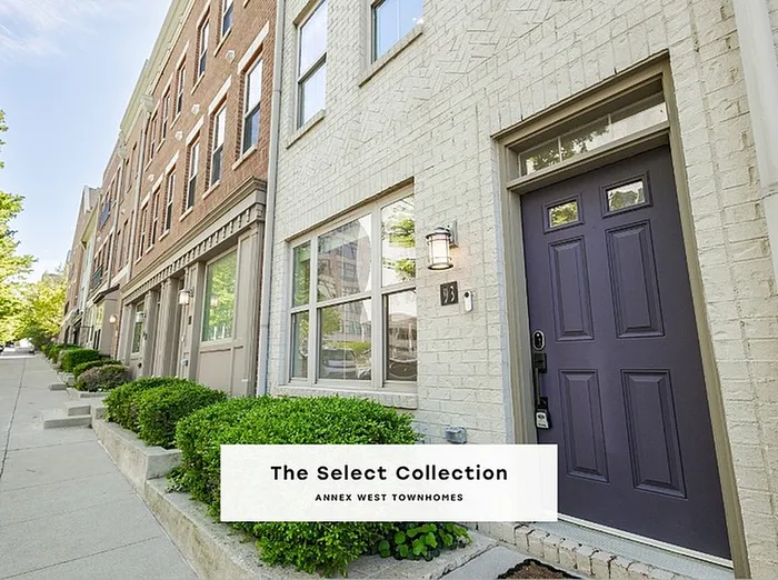 Charming row of modern townhomes with lush green landscaping and elegant brickwork, part of The Select Collection at Annex West.