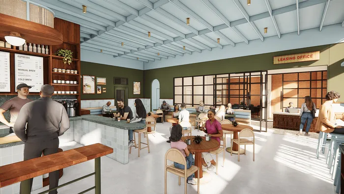 Vibrant caf&eacute;-style leasing office featuring modern decor, lively social interactions, and an inviting atmosphere.