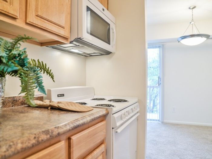 Applegate Apts; Interior, kitchen, electric range, microwave with vent, dining room with ceiling light fixture