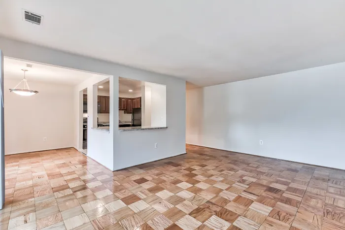 Living and dining room with wood floor