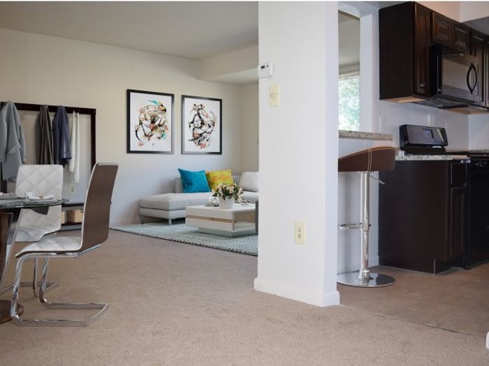Cranberry Run Apts, Interior, Living room, dining room, kitchen, full carpet, picture window in living room, kitchen wall cut out, black kitchen appliances, dark brown cabinets,