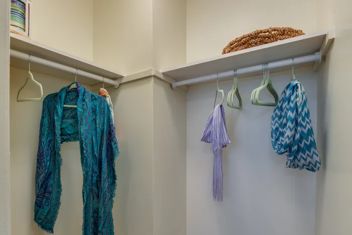 Canyon Square Apartments & Townhomes, interior, closet, hangers, blue and purpler scarves