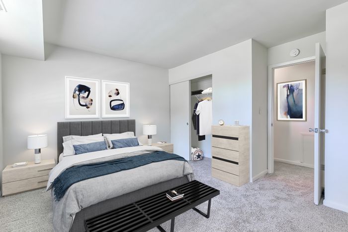 Fallstaff Manor Apts, interior, bedroom, full size bed, ample closet space, plush carpet, window in the bedroom,