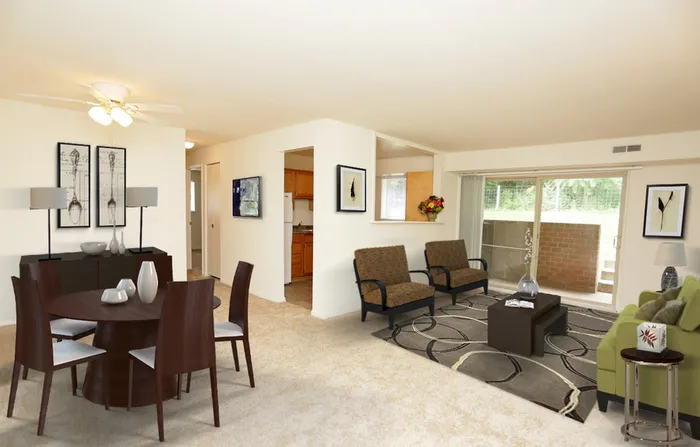 Living room, dining room with wall to wall carpet and walkout patio