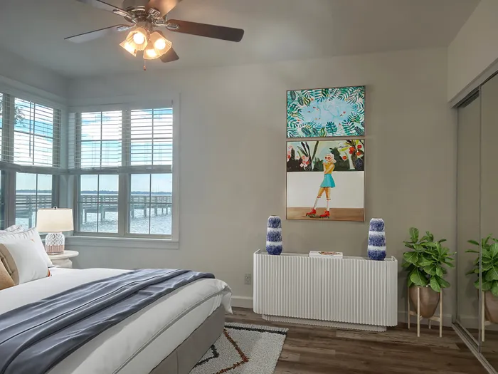 Hardwood floor bedroom.