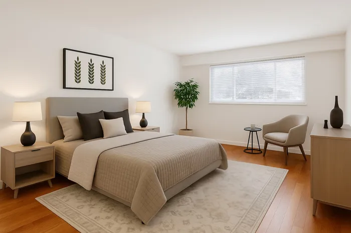 Primary bedroom. Large window. Wood floors.