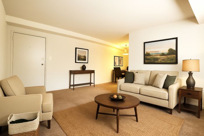 Living room with wall-to-wall carpet.