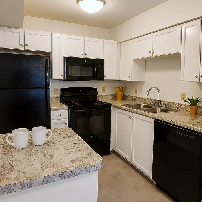 Newly Renovated Kitchens. Black appliances. White cabinetry.