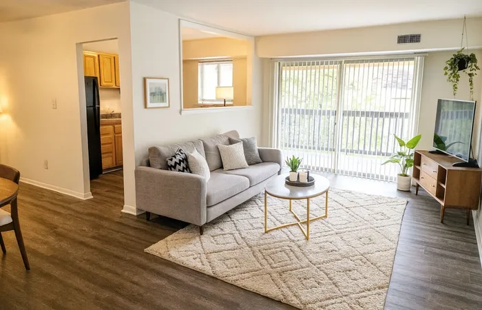 living room. sofa, table, rug, tv. patio views. kitchen cutout.