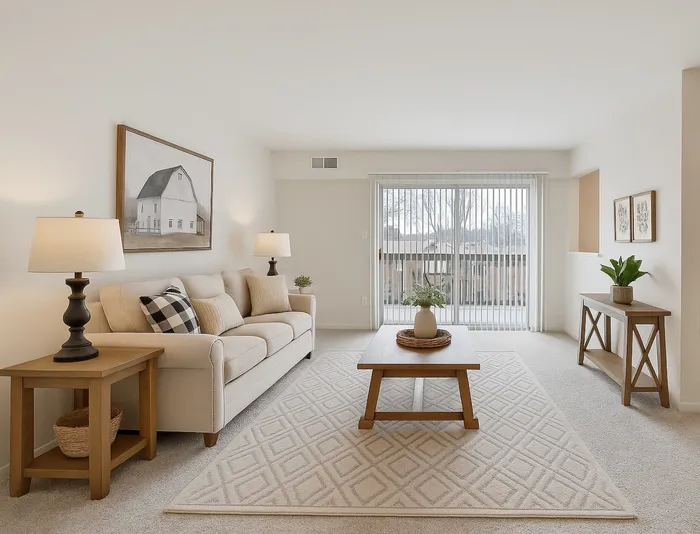 living room with carpet. kitchen cutout. balcony.