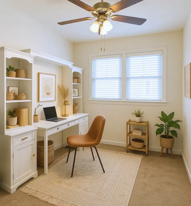Home office. White desk and shelving unit. Brown Chair. Ceiling Fan. Carpet. Two windows.