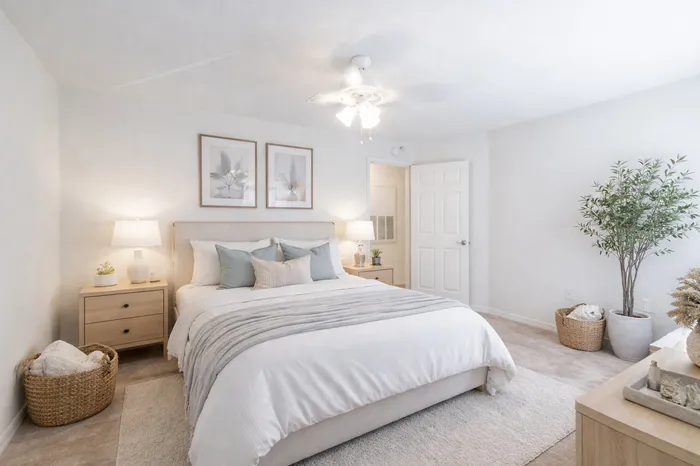 Bedroom with coastal and natural decor. Large plant.