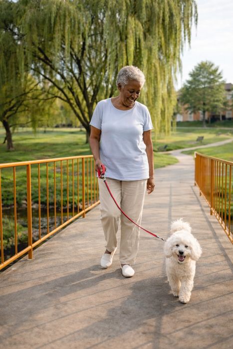Resident walking dog across bridge and picturesque landscapes