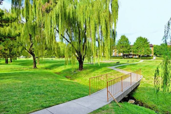 Mature tree lined walkways with planned landscape and pet stations throughout.