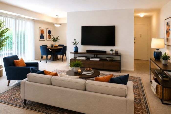 Foyer, living room, and dining room