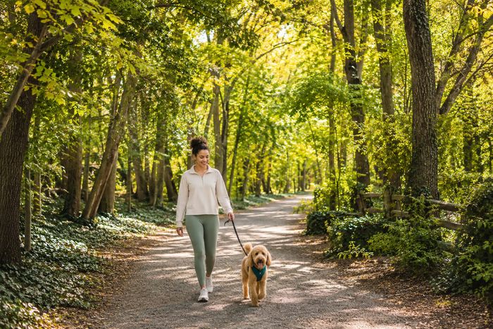 Walking Trail. Woman walking dog.