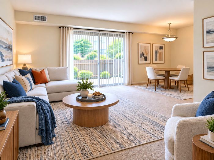Living and dining space with private patio