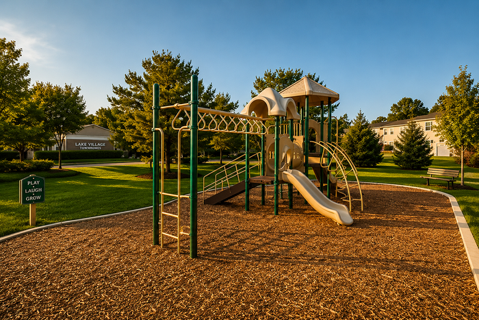 Lake Village Apartments playground surrounded by green space