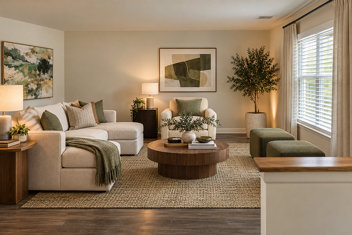 Staged living room at Lake Village Apartments with modern furnishings