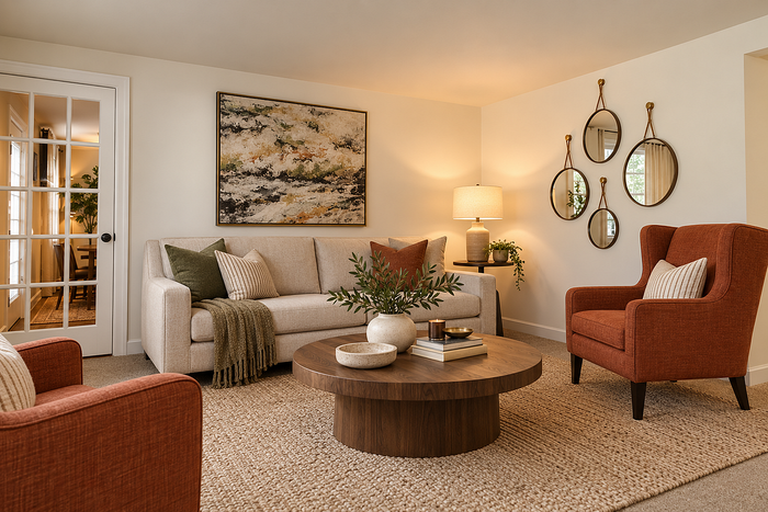 Staged living room display in the Lake Village Apartments leasing office
