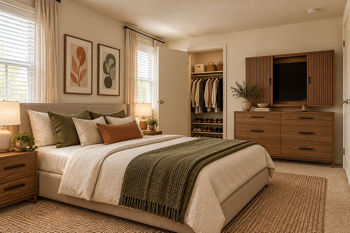 Spacious staged bedroom at Lake Village Apartments with king size beds