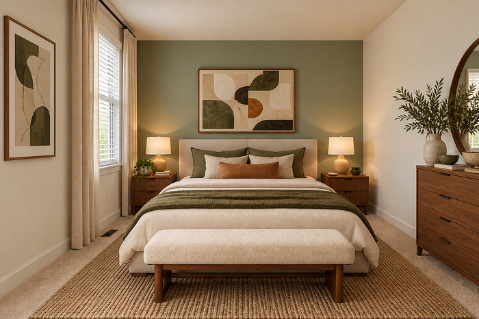 Staged bedroom at Lake Village Apartments with neutral finishes