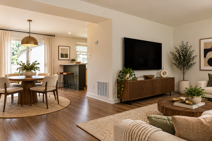 Staged living room at Lake Village Apartments with seating and television area