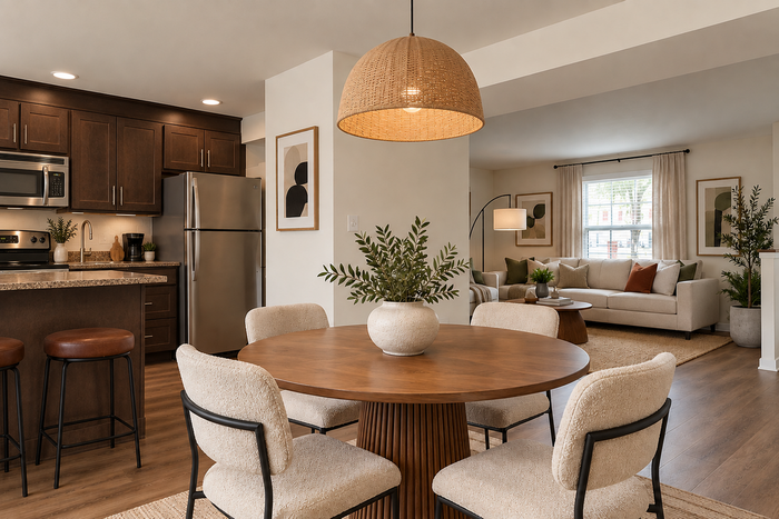 Open kitchen, dining and living area at Lake Village Apartments with stainless steel appliances