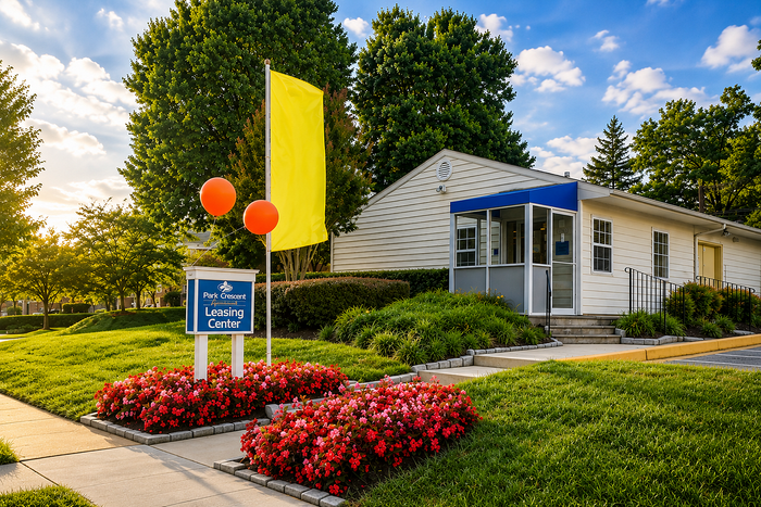 Park Crescent Apartments community entrance with landscaped grounds